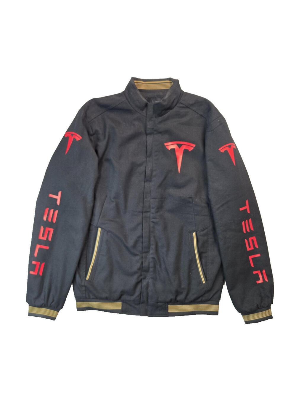 Tesla Spellout Logo Faux Fur Lined Black Bomber Work Jacket Mens Size Medium M